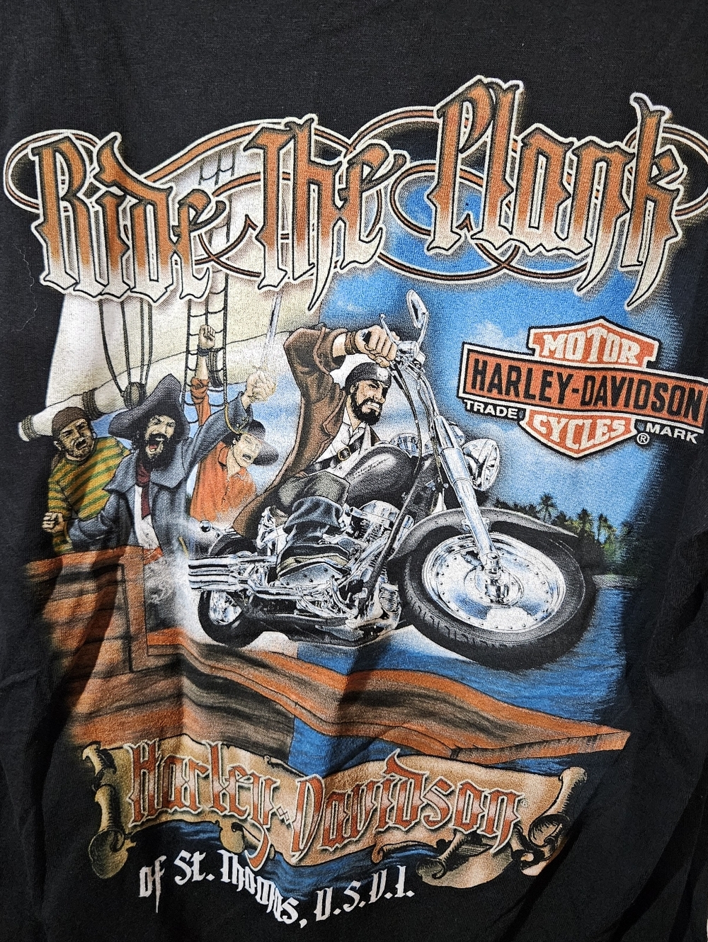 St Thomas Harley-Davidson Black Tee with Brown Distressed Logo Panel - Picture 2 of 3